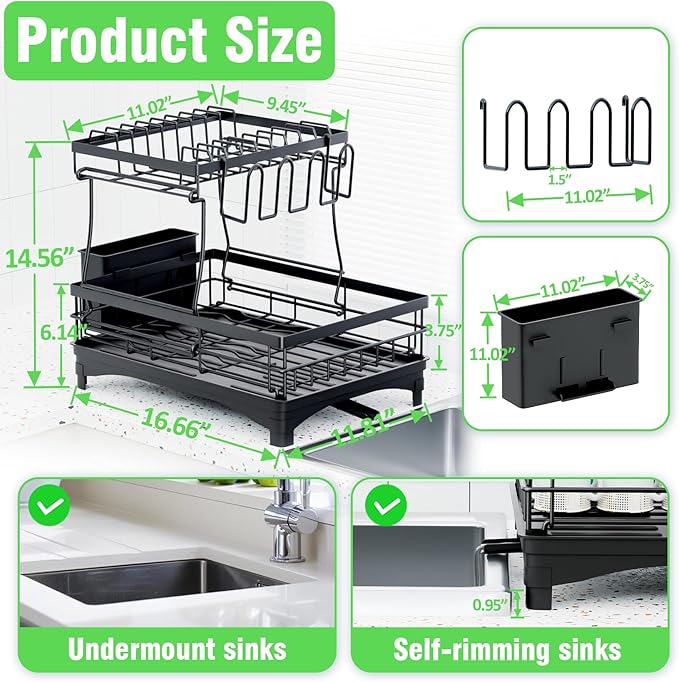 Dish Drying Rack 2-Tier, Large Dish Drying Rack for Kitchen Counter, Double Rustproof & Auto-Drain Multifunctional Organizer with Removable Utensil Holder, Cup Holder, for Plates, Cups, Knife fork