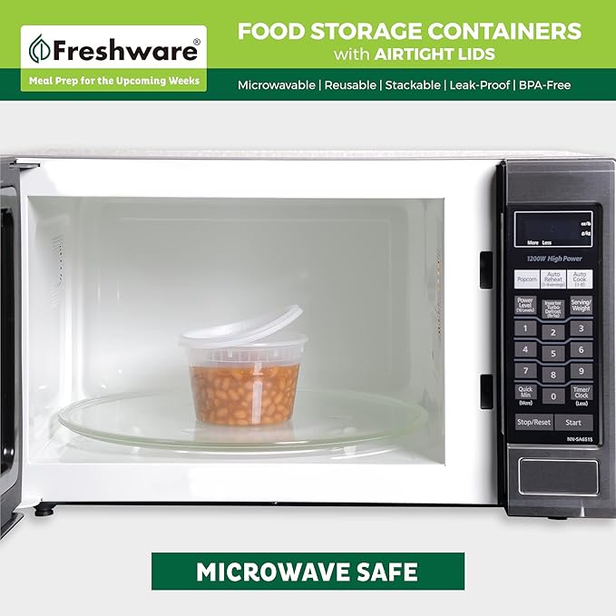 Freshware Food Storage Containers with Lids [60 Pack 8, 16, 32 oz, 20 sets each size] Plastic Deli Containers, Meal Prep Containers, Microwave and Freezer Safe, Stackable, Leakproof, BPA Free, Clear