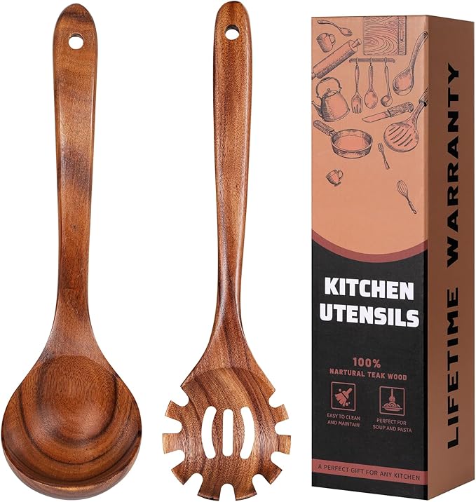 Wooden Spoons for Cooking,Pasta Fork and Ladle Spoon Set - 2Pcs Natural Teak Wood Non-Stick Kitchen Utensils for Cooking, Serving Pasta, Soup, Sauce
