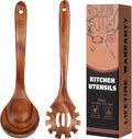 Wooden Spoons for Cooking,Pasta Fork and Ladle Spoon Set - 2Pcs Natural Teak Wood Non-Stick Kitchen Utensils for Cooking, Serving Pasta, Soup, Sauce