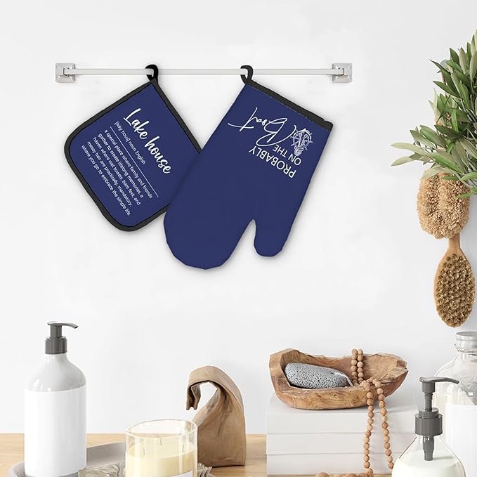 Lake House Gifts Navy Blue Oven Mitts and Pot Holders Sets, Lake Lovers Gifts Kitchen Accessories Sets Decor, Blue Probably on The Boat Heat Resistant Oven Glove Potholders for Kitchen Baking