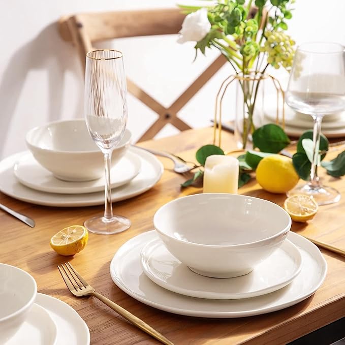 LERATIO Ceramic Dinnerware Sets for 8,Porcelain Plates and Bowls Sets with Wavy Edge, Oven &Microwave & Dishwasher &Safe,Light Weight & Scratch Resistant Dishes Sets-Service for 8 (24pcs) Peal White