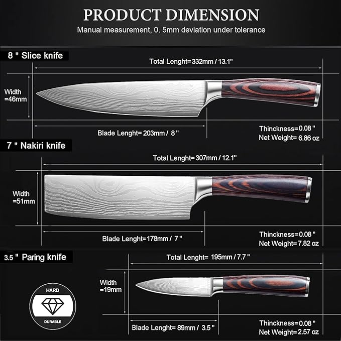 3 PCS Japanese Chef Knife Set – High Carbon Stainless Steel Nakiri Knives, Ultra Sharp Chef Knives, Multi-purpose Kitchen Knives for Precise Cutting, with Stylish Gift Box