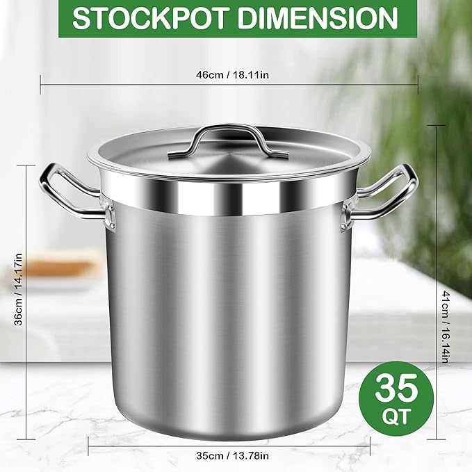 Commercial Grade Large Stock Pots - Soup Pot with Lid - Non-Nickel Stainless Steel - Healthy Cookware Polished Stockpots - Heavy Duty - 35 Quart (8.8Gallon)