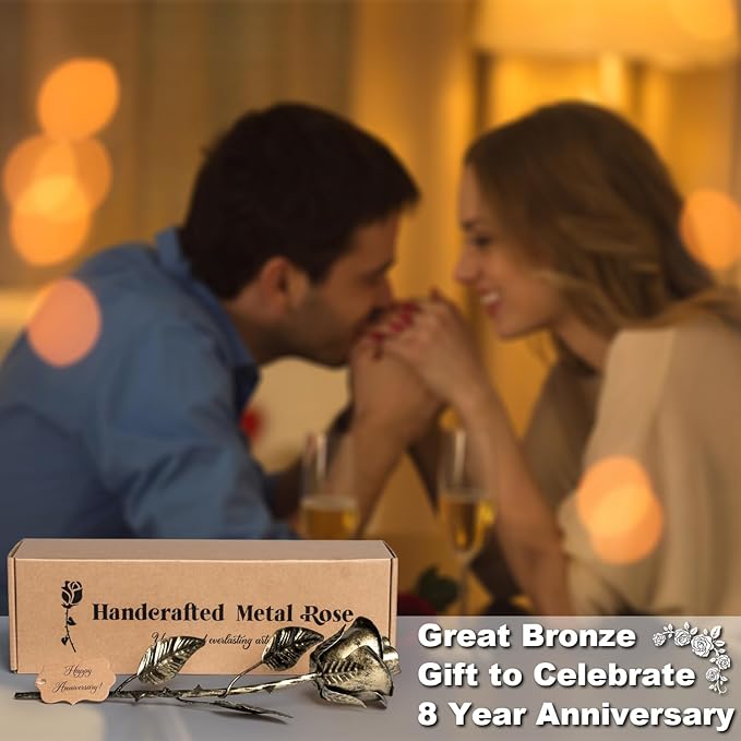 8 Year Anniversary Bronze Gift for Her - Metal Rose Gifts 8th Wedding Anniversary 19th 19 Year for Him Wife Husband Couples, Everlasting Rose Handcrafted Flower Stained Eternal Artwork Home Decor