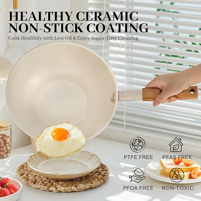 MARSKITOP Stainless Steel Wok Pan, Ceramic Nonstick Stir Fry Pan with Lid and Wooden Handle, 9.5 Inch Induction Wok, PFAS Free