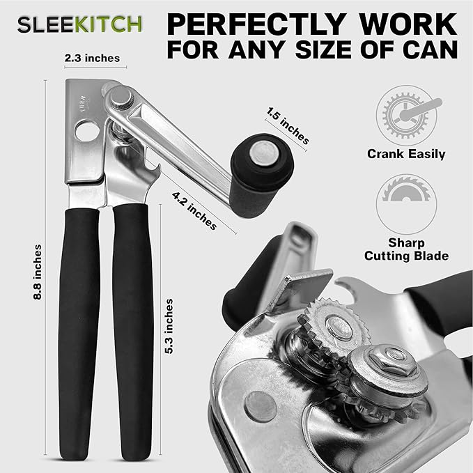 Commercial Can Opener, Manual Heavy Duty Hand Crank, Large Handheld Can Opener Easy for Big Cans, Swing Grip Design, Manual Can Opener with Comfortable Easy Crank Handle, Black