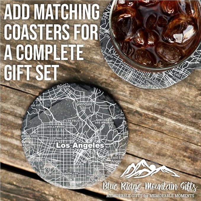 Blue Ridge Mountain Gifts - Los Angeles Souvenir - California Glassware Gift, Etched City Map, Laser Engraved and Dishwasher Safe