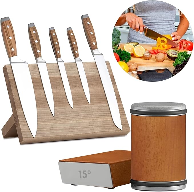 Rolling Knife Sharpener Tool, Rolling Knife Sharpener Stone Kit, Kitchen Knife Sharpeners Diamonds and Ceramic Stone Set for Steel of Any Hardness and Two Grinding Angles of 15° and 20° (Wood)
