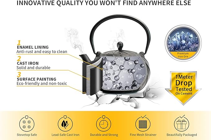Tea Kettle, TOPTIER Japanese Cast Iron Teapot with Infuser, Cast Iron Tea Kettle Stovetop Safe, Wave Design Teapot Coated with Enameled Interior for 30 Ounce (900 ml), Midnight Black