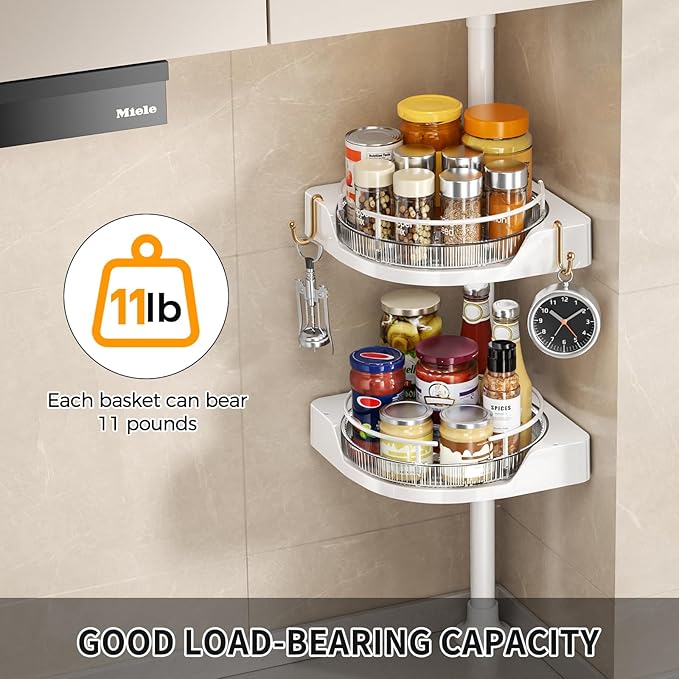 2-Tier Corner Spice Rack Organizer – 360° Rotatable, 19.68-43.5" Height Adjustable, 11LBS Load-Bearing with Hooks – Space-Saving for Kitchen Counter/Cabinet Gaps, Tame Seasoning Clutter (White)