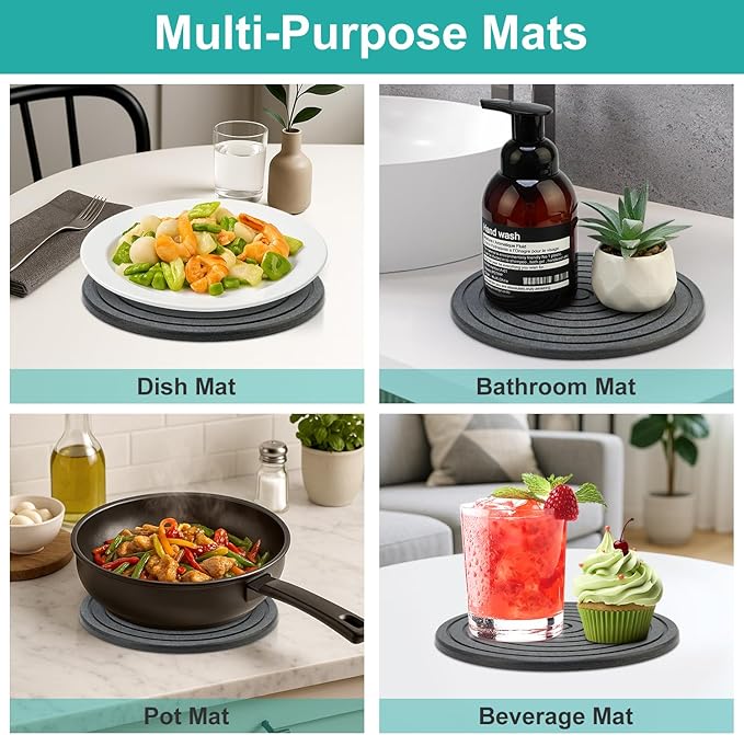 3 Pack Trivets for Hot Dishes Decorative Diatomite Stone Drying Tray for Kitchen Counter Black Silicone Trivets for Hot Pots and Pans Large Coasters Ceramic Trivet Set Round Bathroom Decor Trays