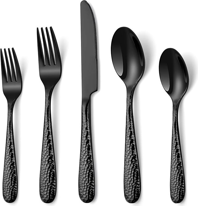 Hammered Black Silverware Set, EUIRIO 20-Piece Cutlery Set for 4, Heavy Duty Stainless Steel Flatware Set, Food-Grade Utensil Sets Includes Spoons Forks and Knives, Mirror Finish Dishwasher Safe