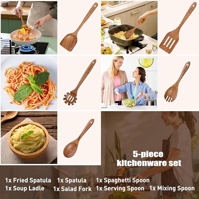 Wooden Spoons for Cooking - 5-Piece Wooden Kitchen Utensil Set made of Natural Solid Wood Material - Includes Salad Spoons, Spaghetti Spoon,Slotted Spatula, Salad Fork, Flat Spatula(A05)