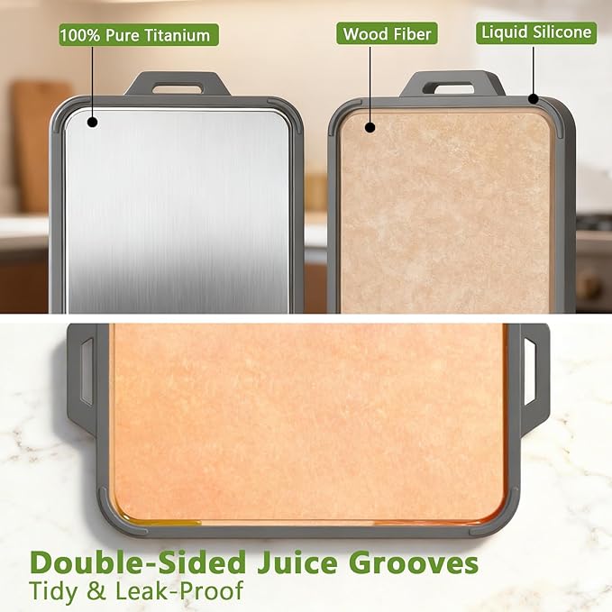 Titanium Cutting Board for Kitchen, Double Sided Pure Titanium and Wood Fiber Cutting Board with Juice Groove, Food Grade Material, Dishwasher Safe