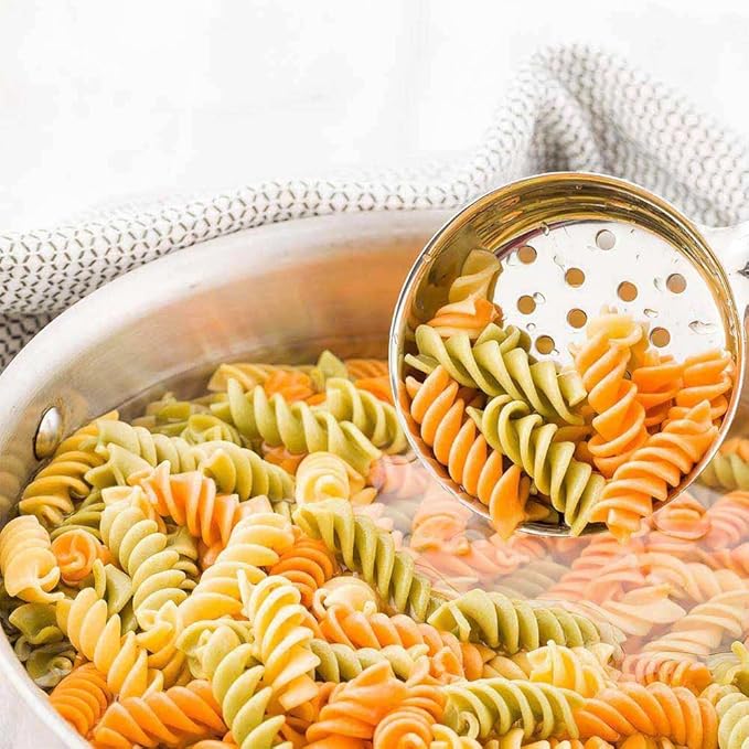 Restaurantware Met Lux 5 Ounce Portion Ladle 1 Perforated Portion Serving Spoon - Yellow Handle Dishwashable Stainless Steel Slotted Serving Utensil Multipurpose For Serving Pasta