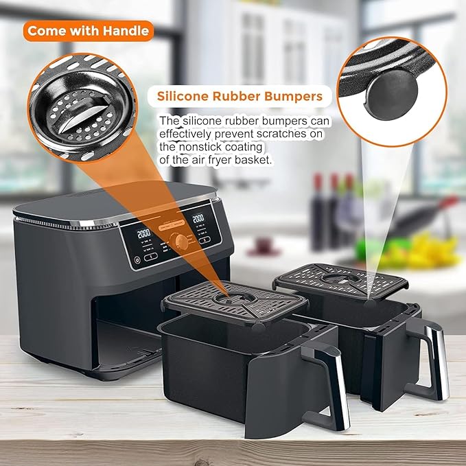 Air Fryer Grill Pan for Ninja Foodi DZ090/DZ201/DZ100（US）AF300（UK）6-in-1 7.6L Dual Zone Air Fryer, 2-Pack Replacement Crisper & Grill Plates with Rubber Bumpers, Dishwasher Safe
