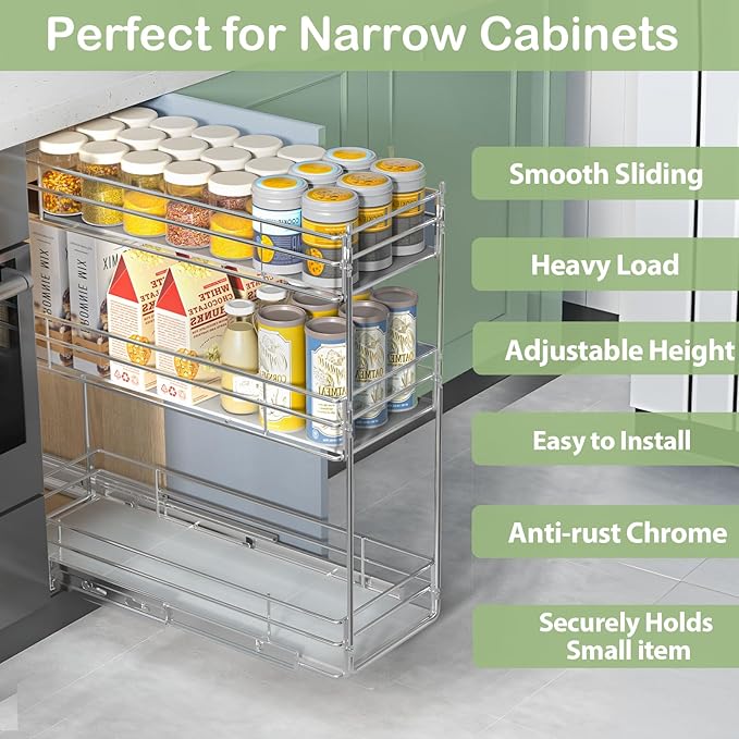 Pull Out Spice Rack Cabinet Organizer (8" W X 20½" D),3 Tier Slide Out Drawer for Narrow Cabinet, Pull Out Shelves Under Cabinet Storage for Kitchen