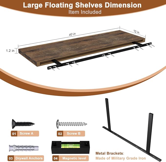 12 Inch Deep Floating Shelves for Wall 2 Pack Floating Shelfs Large Storage Space Wall Decor Display Shelf for Bathroom Living Room Bedroom Kitchen 40" W x 12" D x 1.2" H Rustic Brown