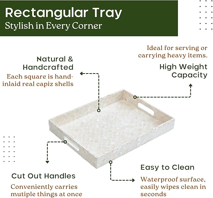 Rectangular Tray, Handmade Capiz Mother of Pearl Decorative Tray with Handles for Coffee Tables, Ottoman, Bathroom, Vanity or Kitchen, Coastal Boho Home Decor, White, 15.8” x 11.8” x 1.8"