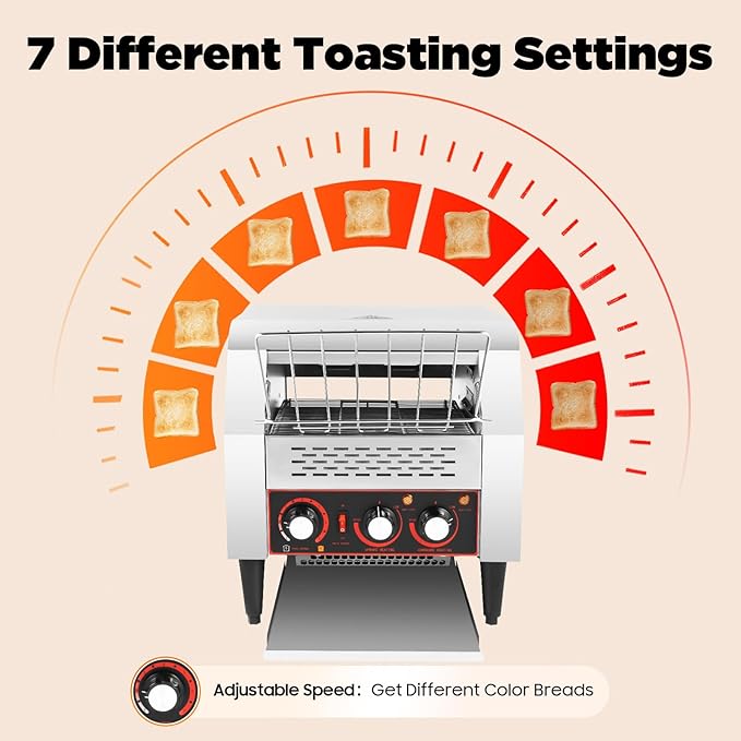 300 Slices/Hour Commercial Conveyor Toaster, Stainless Steel Bread Toaster with 1-7 Levels Adjustable Speed & Temperature Control for Coffee Shops, Bakeries 16.42 * 14.37 * 15.27 Inch