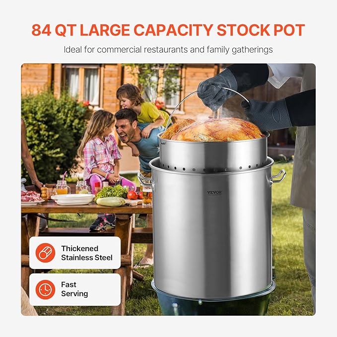 VEVOR Stainless Steel Stockpot, 100 Quart Large Cooking Pots, Cookware Sauce Pot with Basket, Lid, and Handle, Heavy Duty Commercial Grade Stock Pot, Sanding Treatment, for Large Groups Events Silver