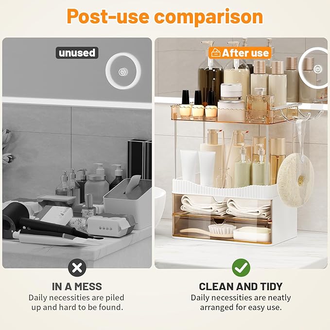 Shower Organizer, 2-Tier Bathroom Counter Organizer with 2 Drawers, Large Capacity Storage for Skincare Makeup Cosmetic Perfume Hairdryer, Bathroom Decor, Shower Accessories (Amber)