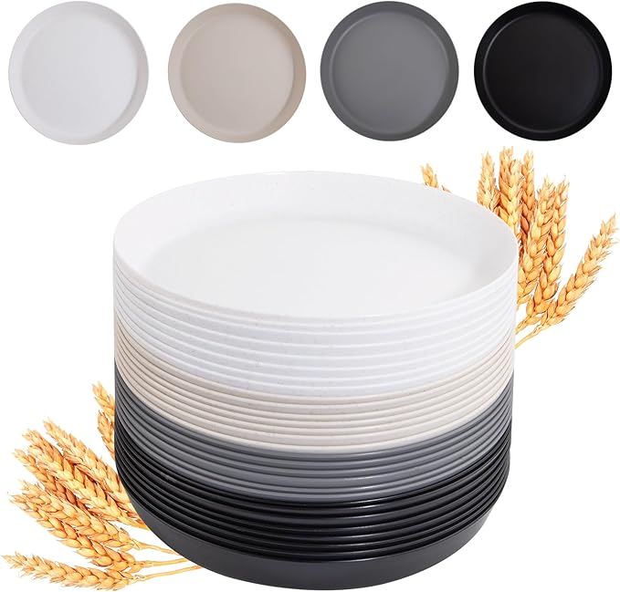 EI 16pcs Wheat Straw Dinner Plates Set,Unbreakable Plastic Plates,Reusable Lightwight Plastic Plate,Party Plate for Halloween,Family Dinners, Picnics, School-Black,White,Dark Grey,Beige