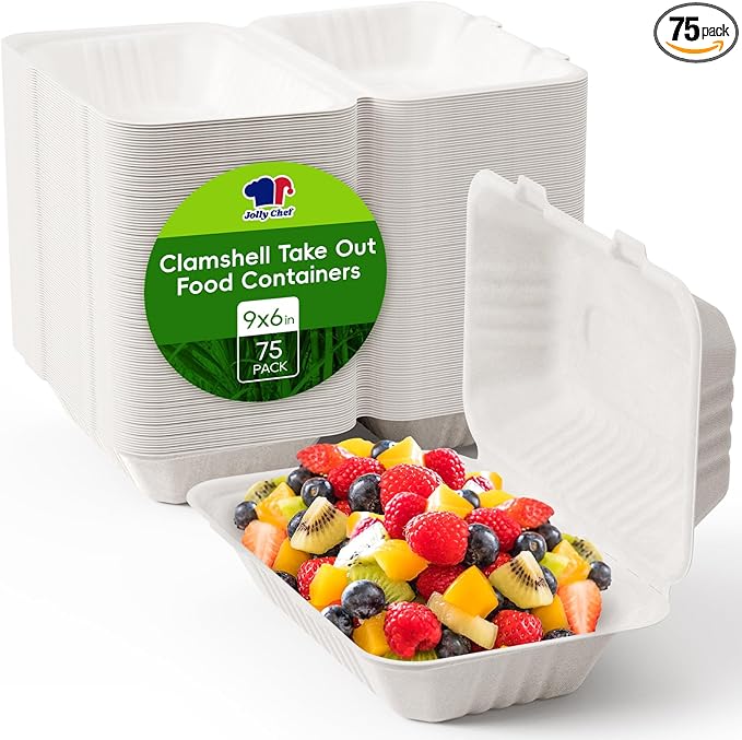 JOLLY CHEF Clamshell Take Out Food Containers, [9 * 6" 75-Pack] To Go Containers Disposable, Sugarcane To Go Boxes for Salad,Lunch
