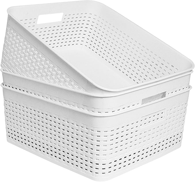 Soddeph Plastic Storage Baskets for Cabinets, Household Pantry Organization with Handle,Organizer Bins for Room,Bathrooms,Under-Sink,Kitchen (White, L-3PACK)