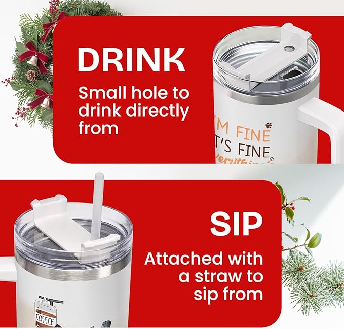 34HD Tuxedo Cat Tumbler 40oz Stainless Steel with Handle and Straw, It's Fine I'm Fine Mug, Funny Cat Travel Mug, Mothers Day Gifts for Tuxedo Mom