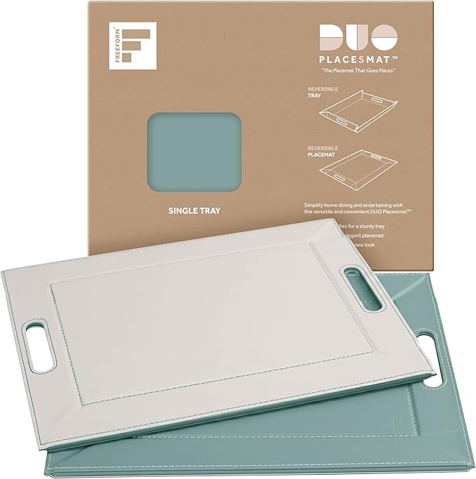 PLACEsMAT 2-in-1 Faux Leather Placemat & Serving Tray | Reversible Design, Lays Flat & Easy to Clean | Ottoman Food Tray, Perfect Housewarming Gift, 18” x 14” (Seafoam Blue & Stone, Single)