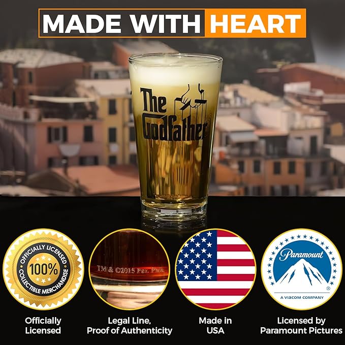The Godfather Printed Pint Beer Glass - Officially Licensed, Premium Quality, Handcrafted Glassware, 16oz. Set of 4 - Perfect Collectible Gift for Movie Enthusiasts & Special Occasions
