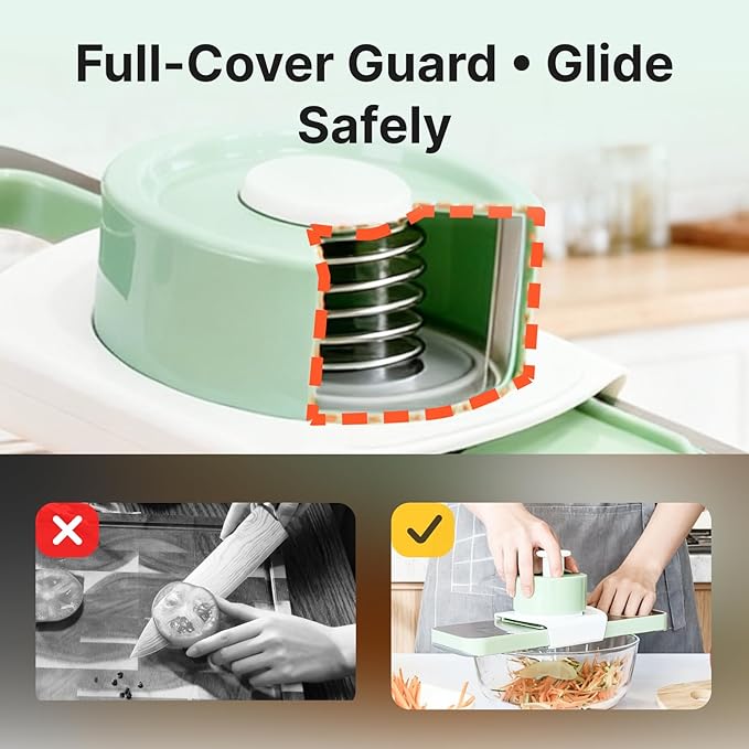 Stainless-Steel Mandoline Slicer for Kitchen, 6-in-1 Vegetable & Cucumber Slicer with Safety Guard, Easy-Clean Design, Compact Space-Saving Tool for Daily Salad & Meal Prep (Mint Green)