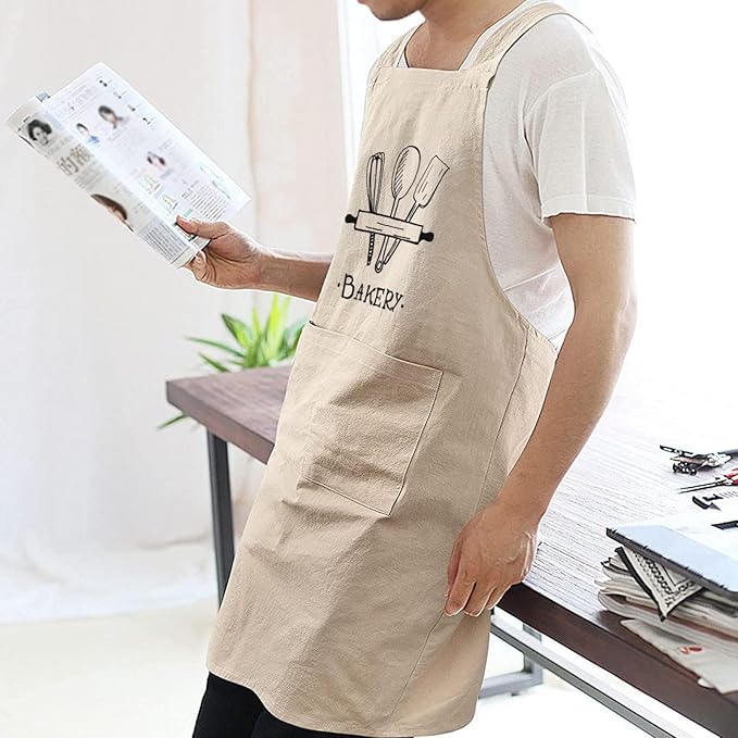 Cotton Linen Apron Non-tie Cross Back Kitchen Apron with Pockets Soft Comfortable Durable for Cooking Baking Gardening (Khaki,Bakery)