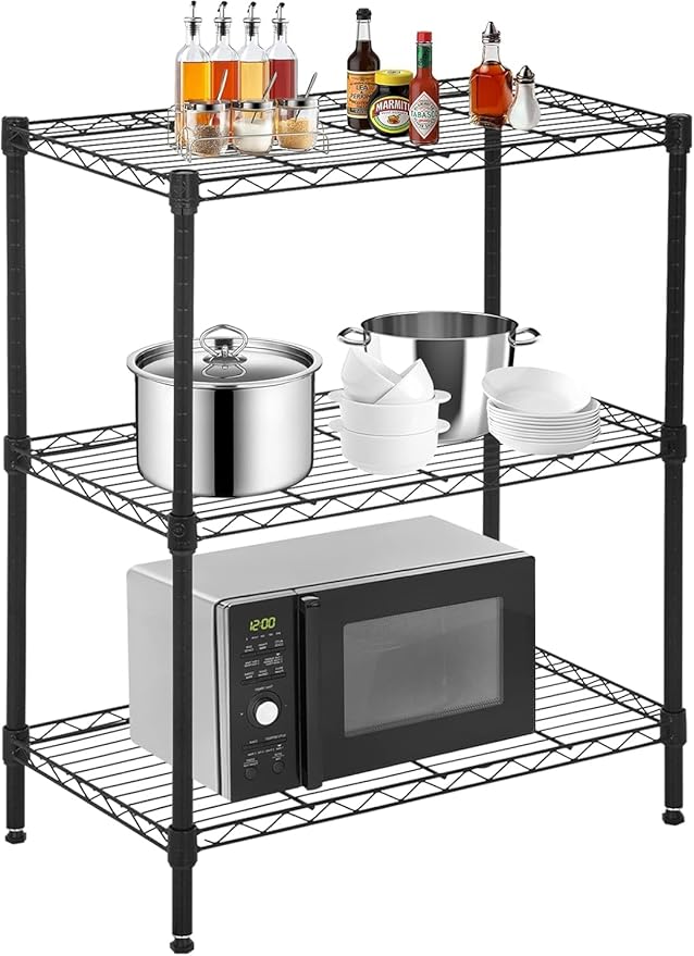 3 Tier Shelf Adjustable Wire Shelving Unit Metal Shelves with Leveling Feet Storage Rack for Kitchen Bathroom Utility Shelf Space Saving, 450lbs Capacity, 13"x23"x30"H, Black
