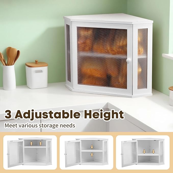 Corner Bread Box for Kitchen Countertop - Bamboo Large Capacity Bread Storage Bin with Acrylic Wavy Door Panel,Bread Box Under Cabinet (White,Medium)