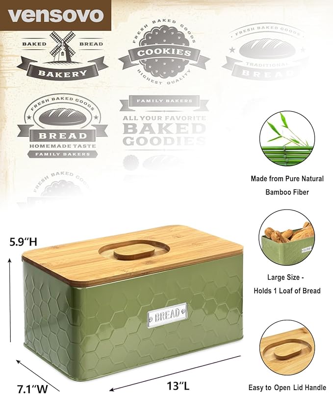 vensovo Bread Box for Countertop – Large Green Metal Bread Bin with Bamboo Cutting Board Lid, Farmhouse Bread Storage Container for Homemade Bread, Baked Goods & Kitchen Counter Organization