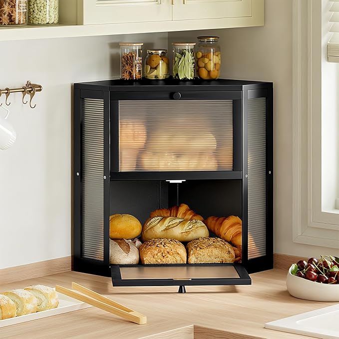 WOWLIVE Corner Bread Box for Kitchen Countertop, Double Layer Bamboo Bread Storage Container, Large Farmhouse Bread box with Acrylic Wavy Door Panel, Under Cabinet Organizer (Black, Extra Large)