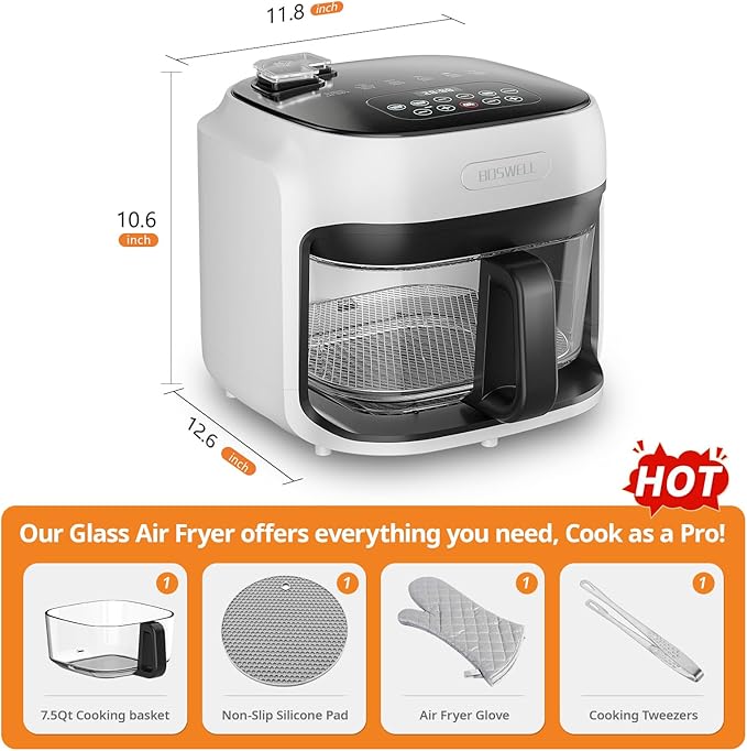 BOSWELL Glass Air Fryer, 7.5QT Borosilicate Bowl with Circulating Heat, Digital Touchscreen, 400°F Max Temp, Oil-Free Fryer with Mist Function, Dishwasher Safe (White)
