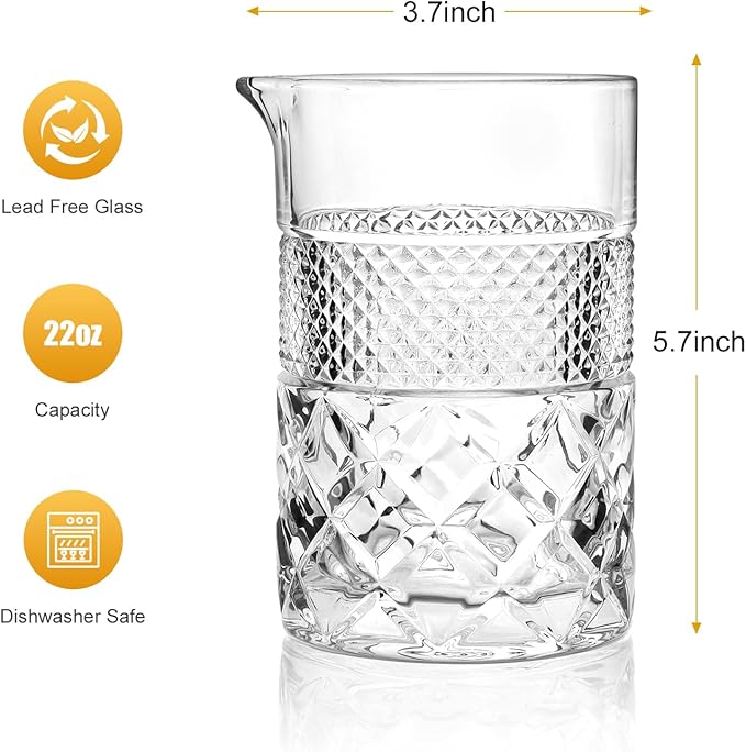 Cocktail Mixing Glass - Premium 22oz - Solid, Stable, Sturdy Hand Blown Crystal - Professional Quality Barware - Gift for Wedding, Anniversary, Birthday, Father's Day