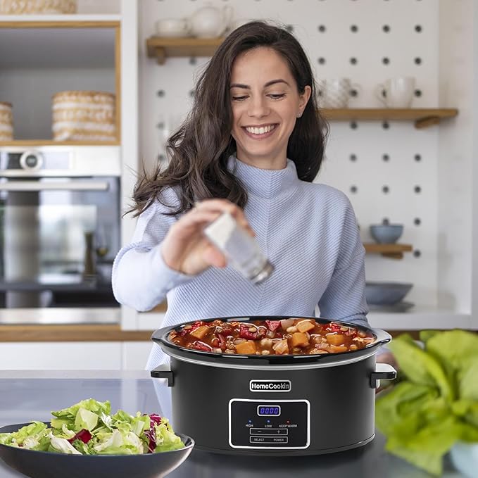 HOMECOOKIN 8 Quart Programmable Slow Cooker, Kitchen Appliances, Perfect Kitchen Small Appliance for Family Dinners, Black Stainless Steel