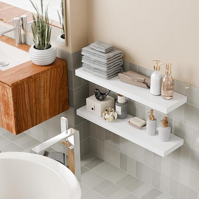 30 Inch Floating Shelves - Set of 2, 8" Deep White Wall Shelf with Invisible Bracket, Hanging Shelf for Bathroom, Bedroom, Kitchen, Living Room Decor
