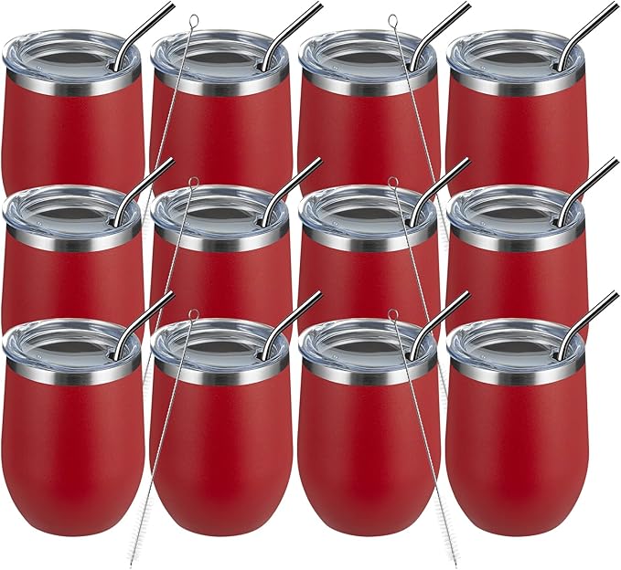 MEWAY 12oz/12 Pack Wine Tumbler Glasses with Lid -Double Wall Vacuum Stainless Steel Travel Tumbler Mug,Stemless Insulated Wine Cup for,Coffee,Cocktails,Gifts (Red,Set of 12)