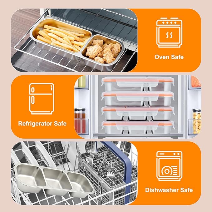 Stainless Steel Snack Containers with Lids, Reusable 2 Compartment Condiment Boxes, Stainless Steel Children's Fruit Box for School,Travel, Office and Outdoors