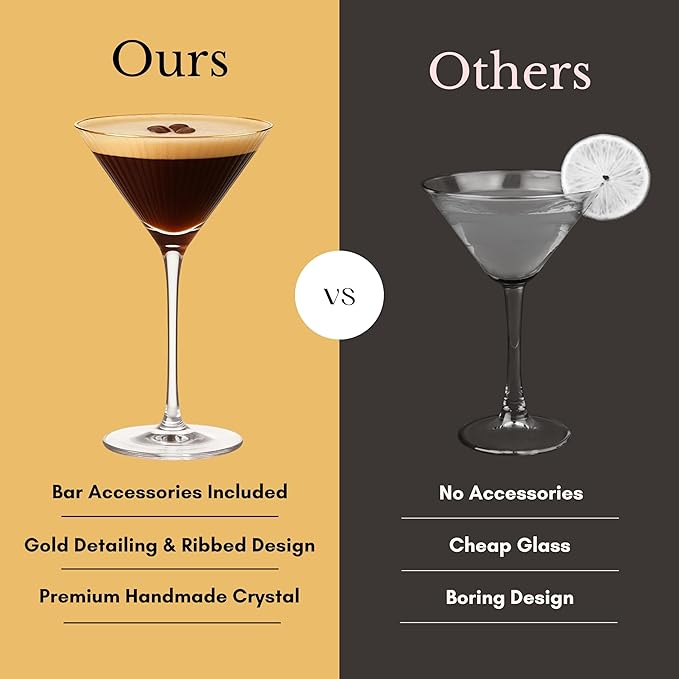 VEMACITY - Silver Luxury Home Mixology Cocktail Shaker Set with Silver Accessories + 2 Ribbed Espresso Martini Glasses - Glass Shaker with Built-In Strainer | Ideal for Christmas & New Years