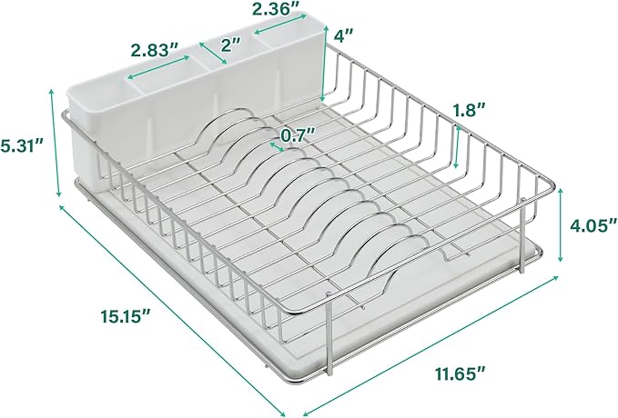 SunnyPoint 304 Stainless Steel Dish Drying Rack with Diatomaceous Earth Drainboard & Removable Utensil Caddy – Rust Resistant Countertop Dish Rack for Kitchen (Silvery-Grey)
