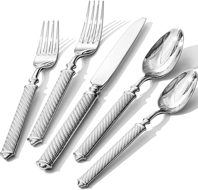 KINGSTONE Retro Rope-Pattern Silverware Set, 20-Piece Flatware Set Cutlery Set Forged with Handcrafted Texture Handles 18/10 Stainless Steel, Dishwasher Safe