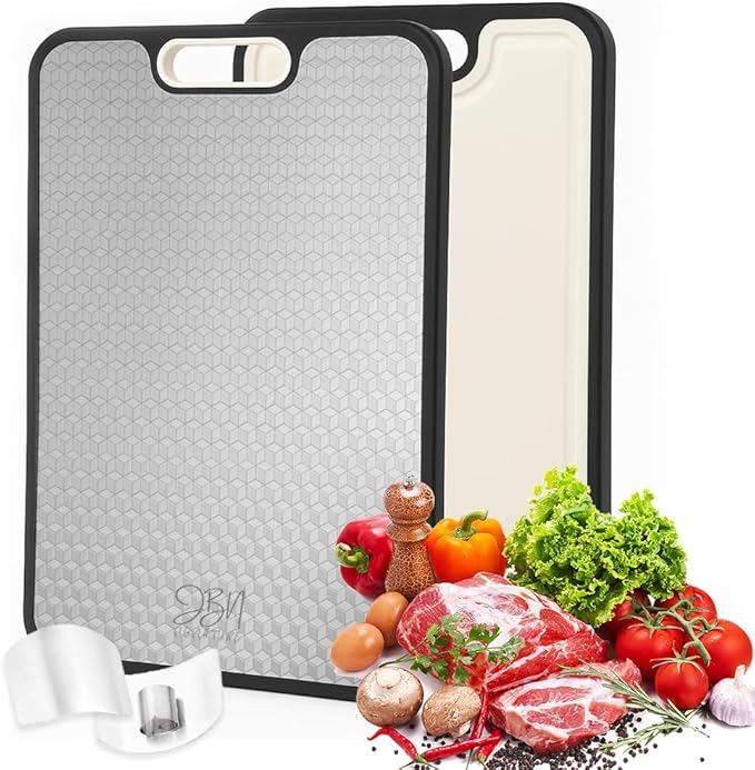 Titanium Cutting Board for Kitchen-2 in 1 Double Sided Pure Large Cutting Board with Magic Cube Texture & 2 Stainless Steel Finger Guards, Non-Slip, Scratch-Resistant, Dishwasher Safe