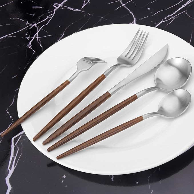 Silverware Set with black handle, Vanys 30 Piece Stainless Steel Cutlery Flatware Set, Kitchen Utensil Sets for 6, Tableware With Knife Spoons And Forks Set, Satin Finished Polished
